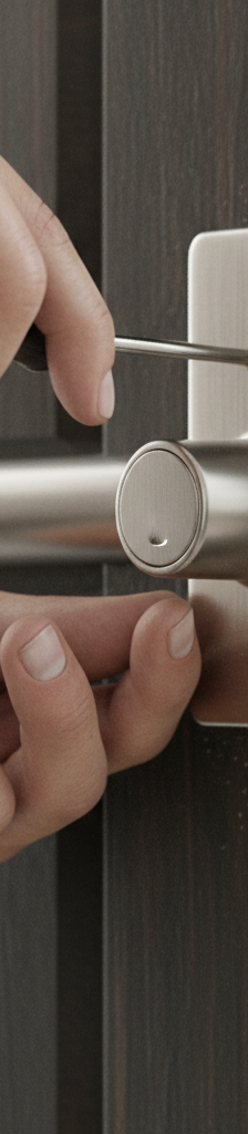 Homeowner installing a new silver deadbolt lock with a screwdriver on a dark wooden door.