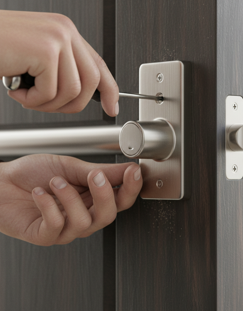 Homeowner installing a new silver deadbolt lock with a screwdriver on a dark wooden door.
