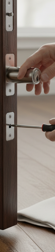 Hands installing a new silver deadbolt on a dark wood door with a screwdriver.