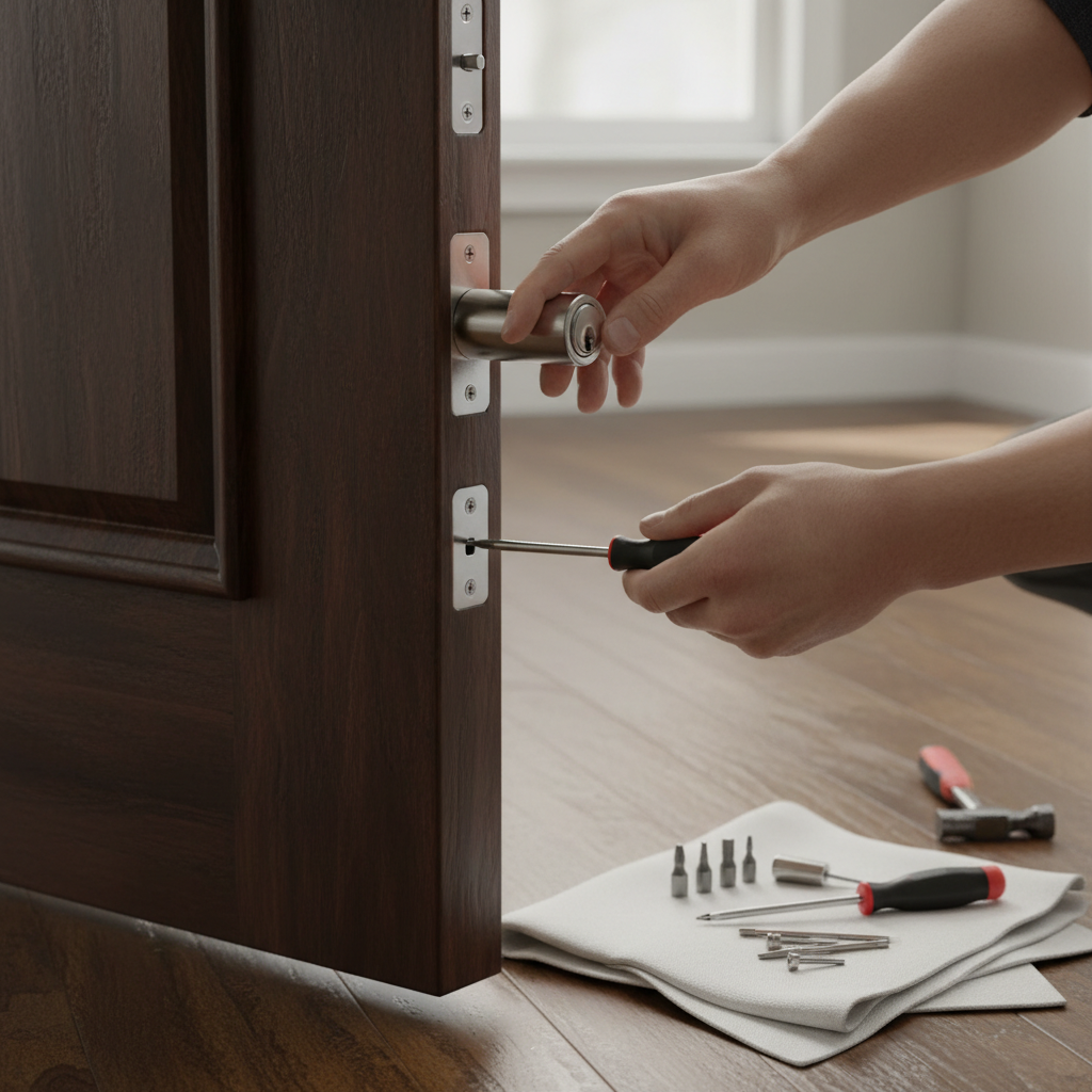 Hands installing a new silver deadbolt on a dark wood door with a screwdriver.