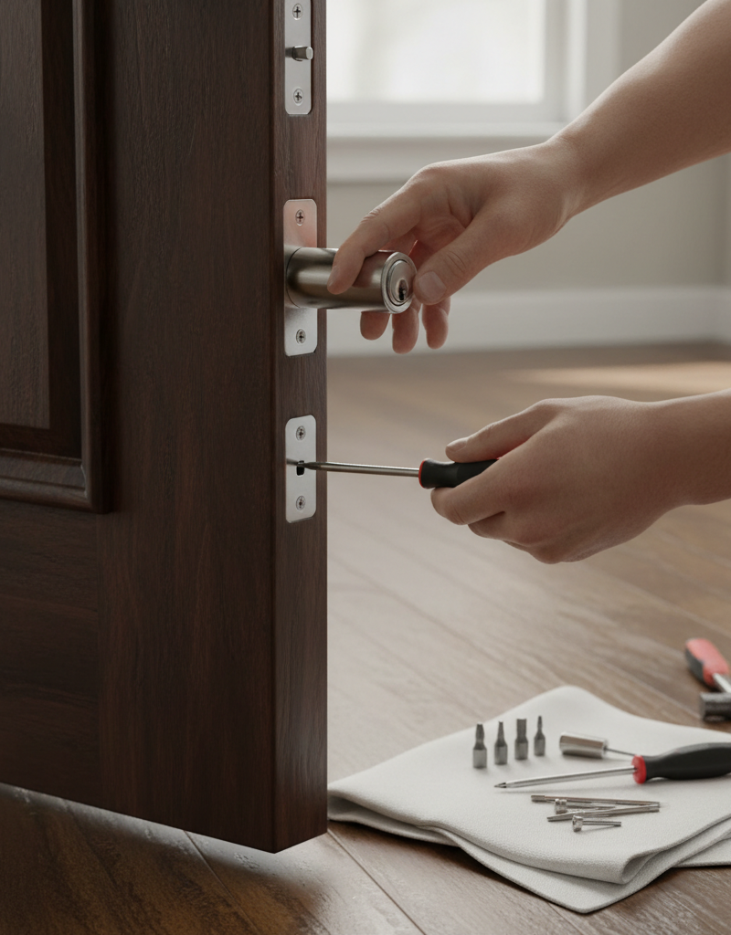 Hands installing a new silver deadbolt on a dark wood door with a screwdriver.