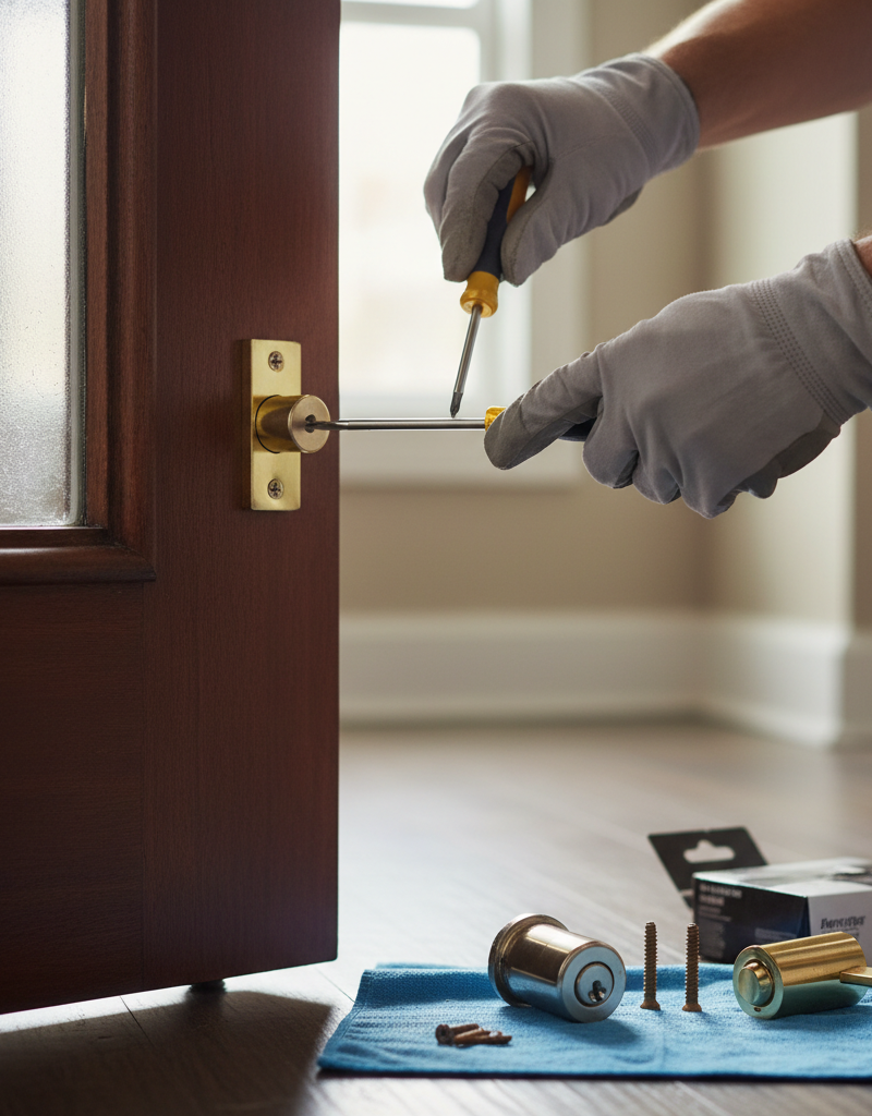 Homeowner replacing a deadbolt lock on a wooden door with a screwdriver.