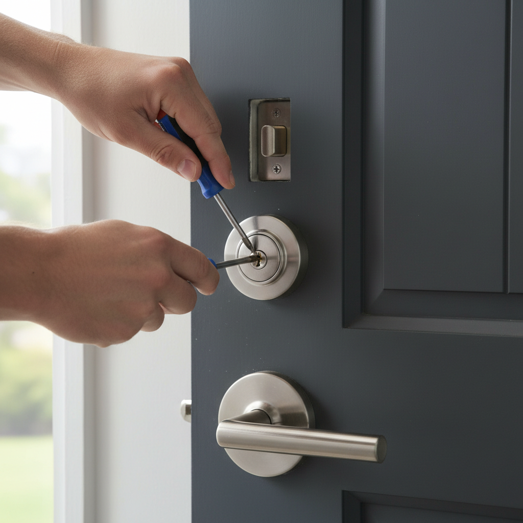 Hands using a screwdriver to replace an old deadbolt lock on a wooden door.