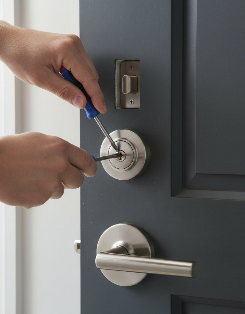 Hands using a screwdriver to replace an old deadbolt lock on a wooden door.