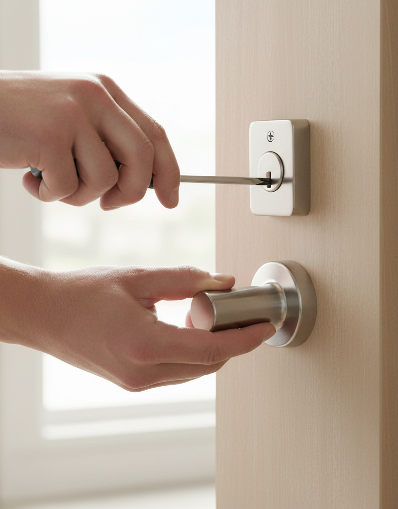 Homeowner's hands tightening screws on a new silver deadbolt lock installation