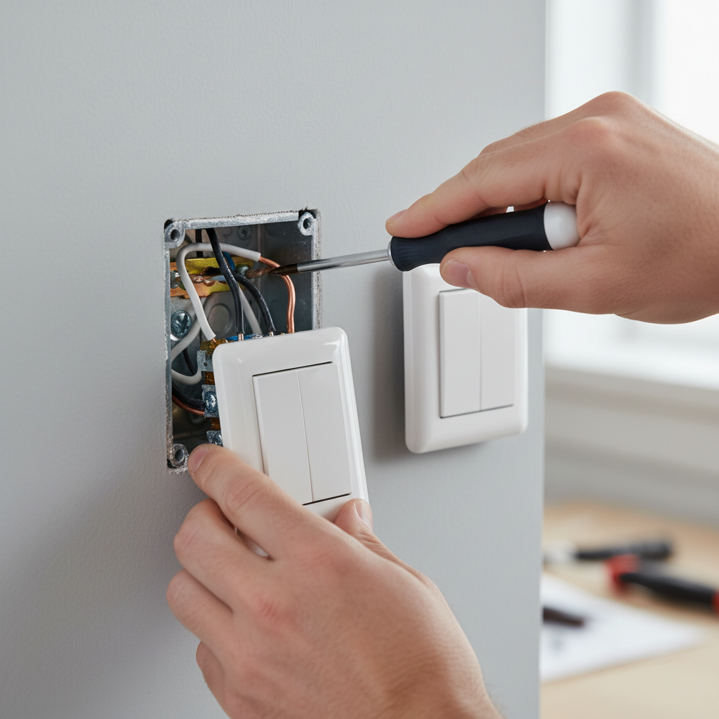 Contractor's hands connecting wires to a new light switch using a screwdriver.