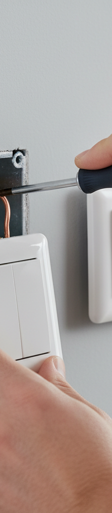 Contractor's hands connecting wires to a new light switch using a screwdriver.