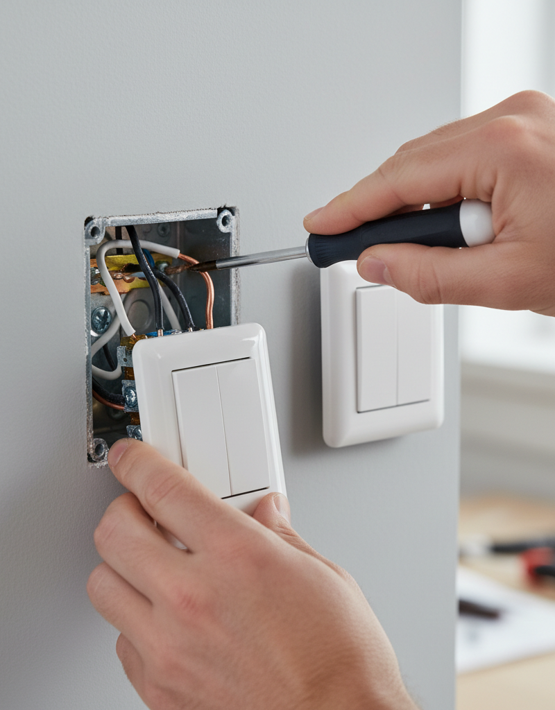 Contractor's hands connecting wires to a new light switch using a screwdriver.