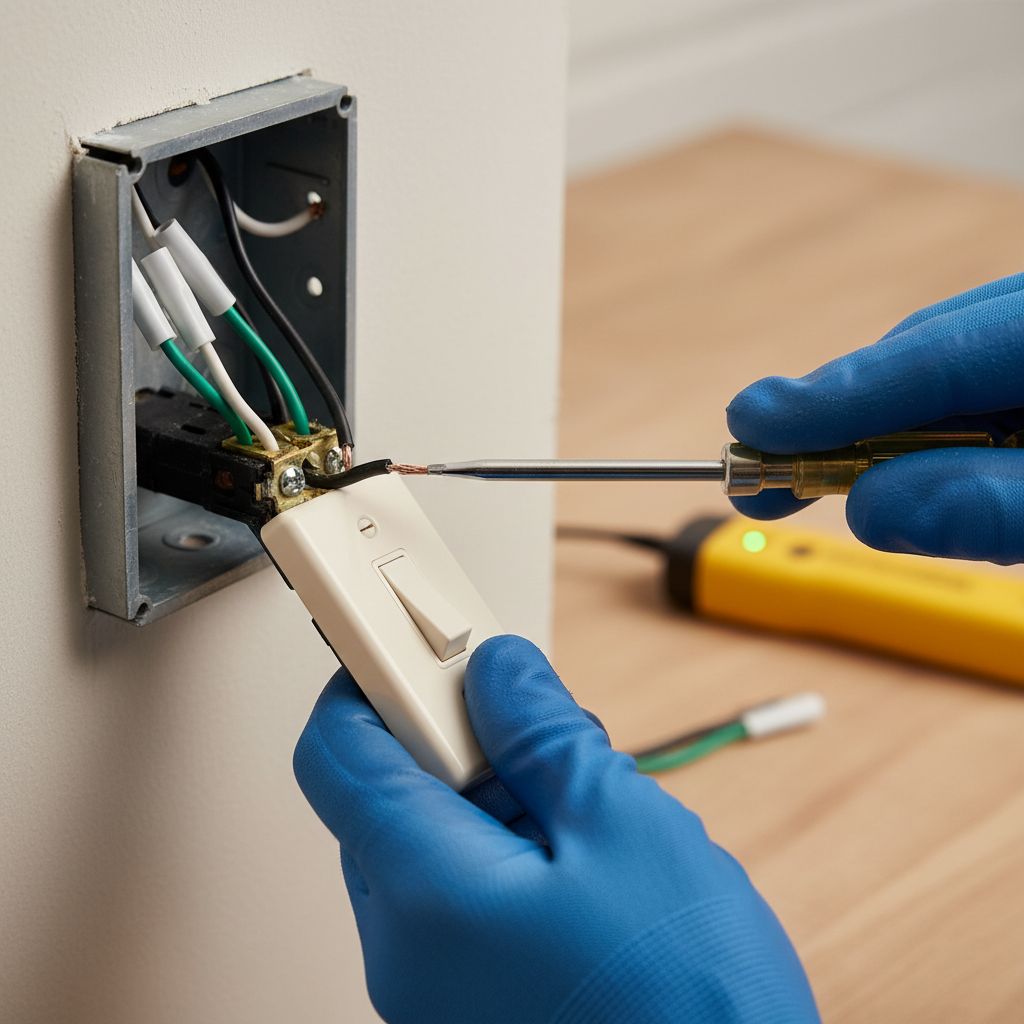 Homeowner carefully disconnecting a black wire from a light switch with a screwdriver