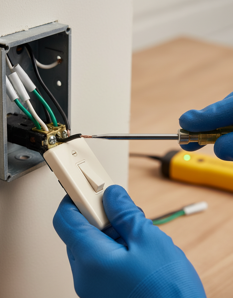 Homeowner carefully disconnecting a black wire from a light switch with a screwdriver