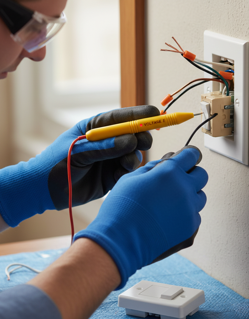 Homeowner using a non-contact voltage tester on light switch wires before replacement