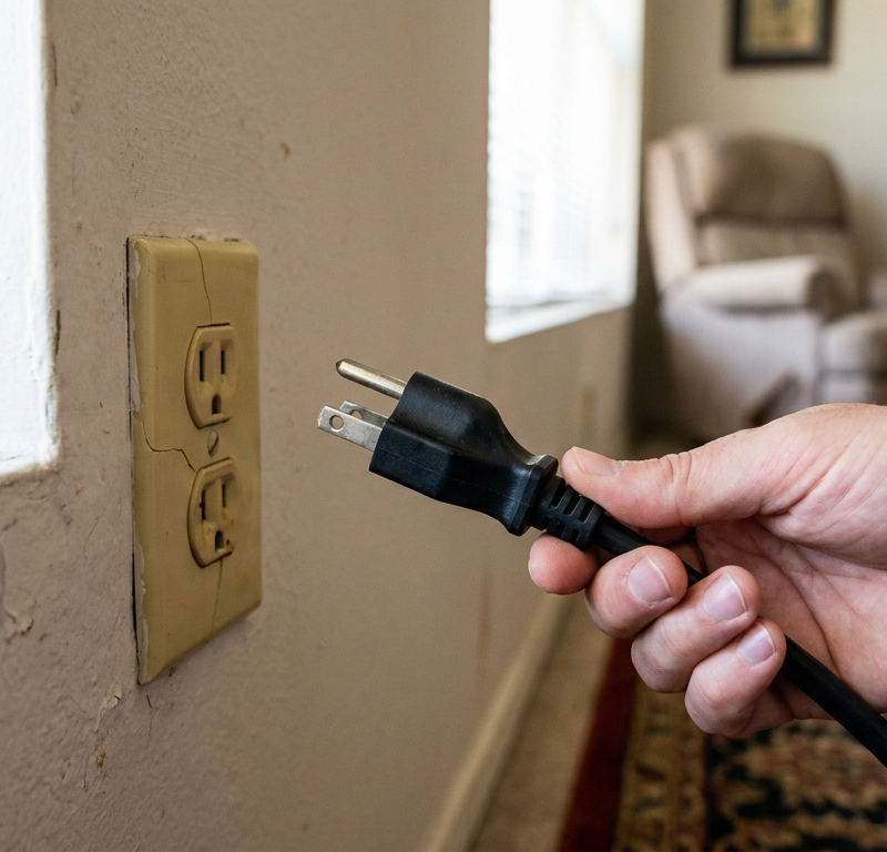 A homeowner holds a three-prong plug next to an old, incompatible two-prong wall outlet.