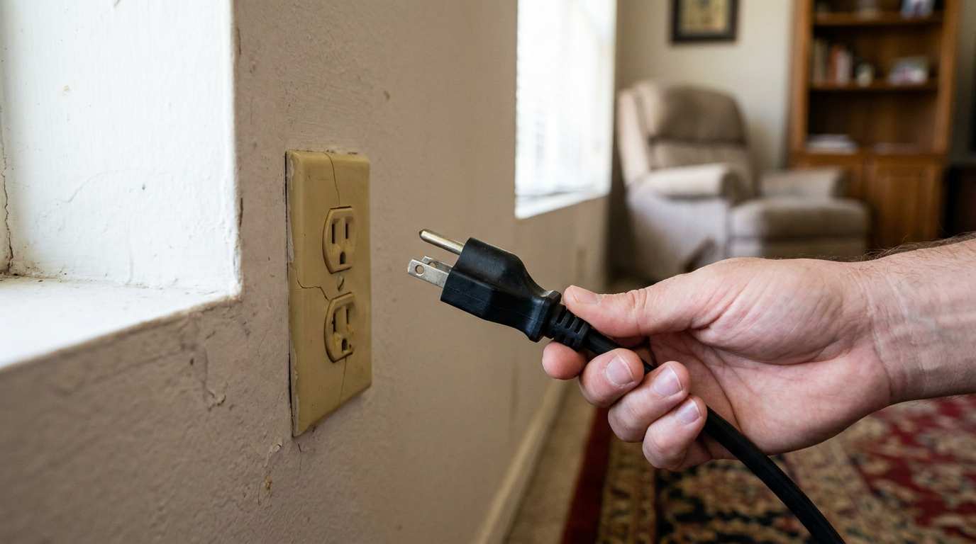 A homeowner holds a three-prong plug next to an old, incompatible two-prong wall outlet.