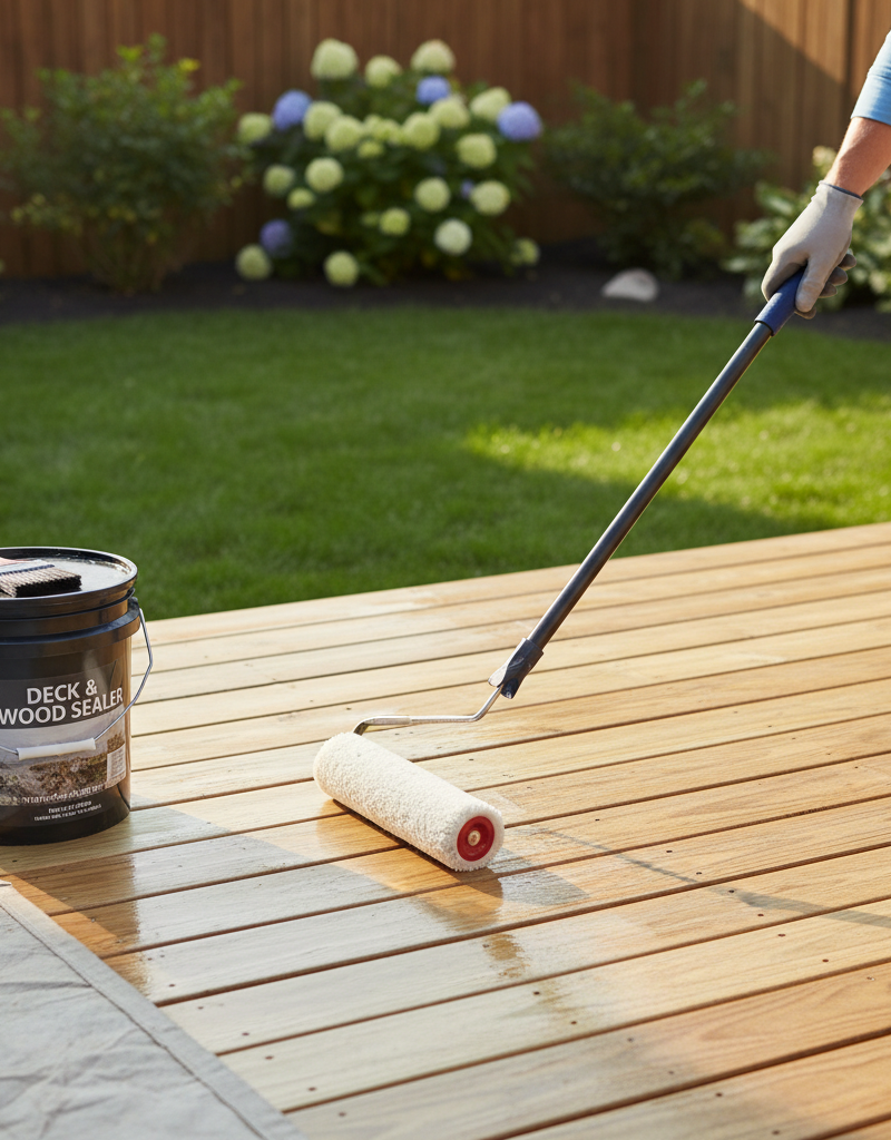 Homeowner applying clear wood sealer to a clean, prepared wooden deck with a roller, a bucket of sealer nearby.