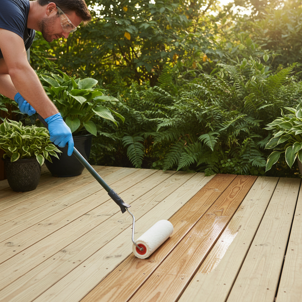 Homeowner applying fresh sealant to a thoroughly cleaned and prepped wood deck.