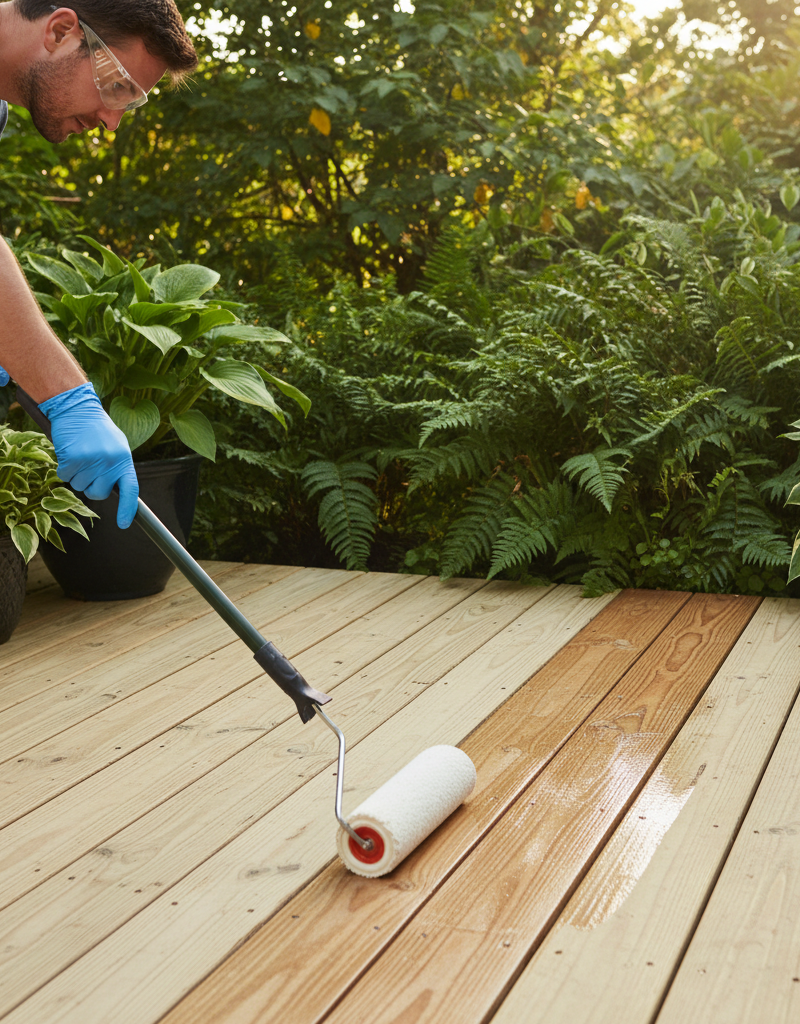 Homeowner applying fresh sealant to a thoroughly cleaned and prepped wood deck.