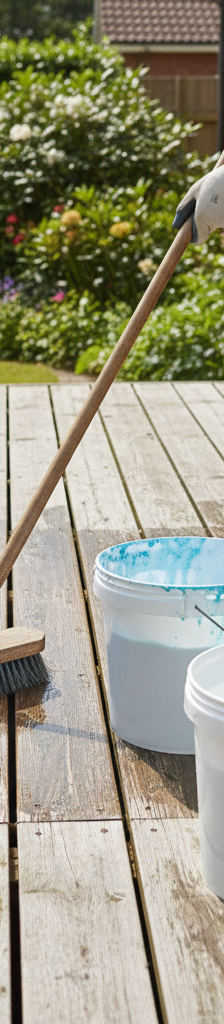 Homeowner carefully cleans weathered wood deck with a scrub brush