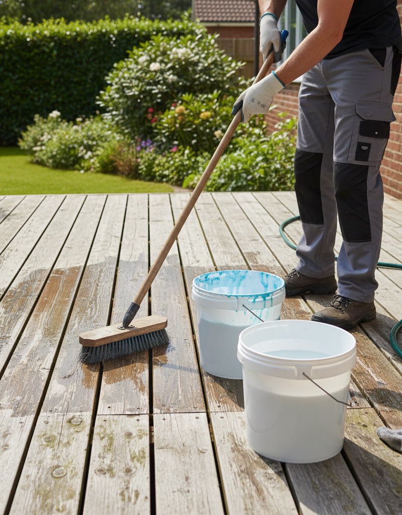 Homeowner carefully cleans weathered wood deck with a scrub brush