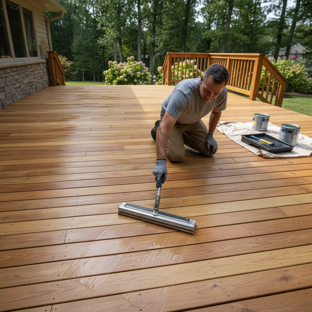 Homeowner applying wood sealant to a clean, prepped wooden deck with a roller