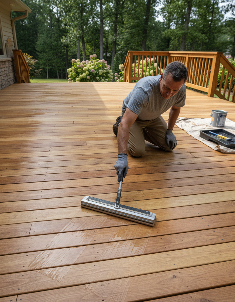 Homeowner applying wood sealant to a clean, prepped wooden deck with a roller