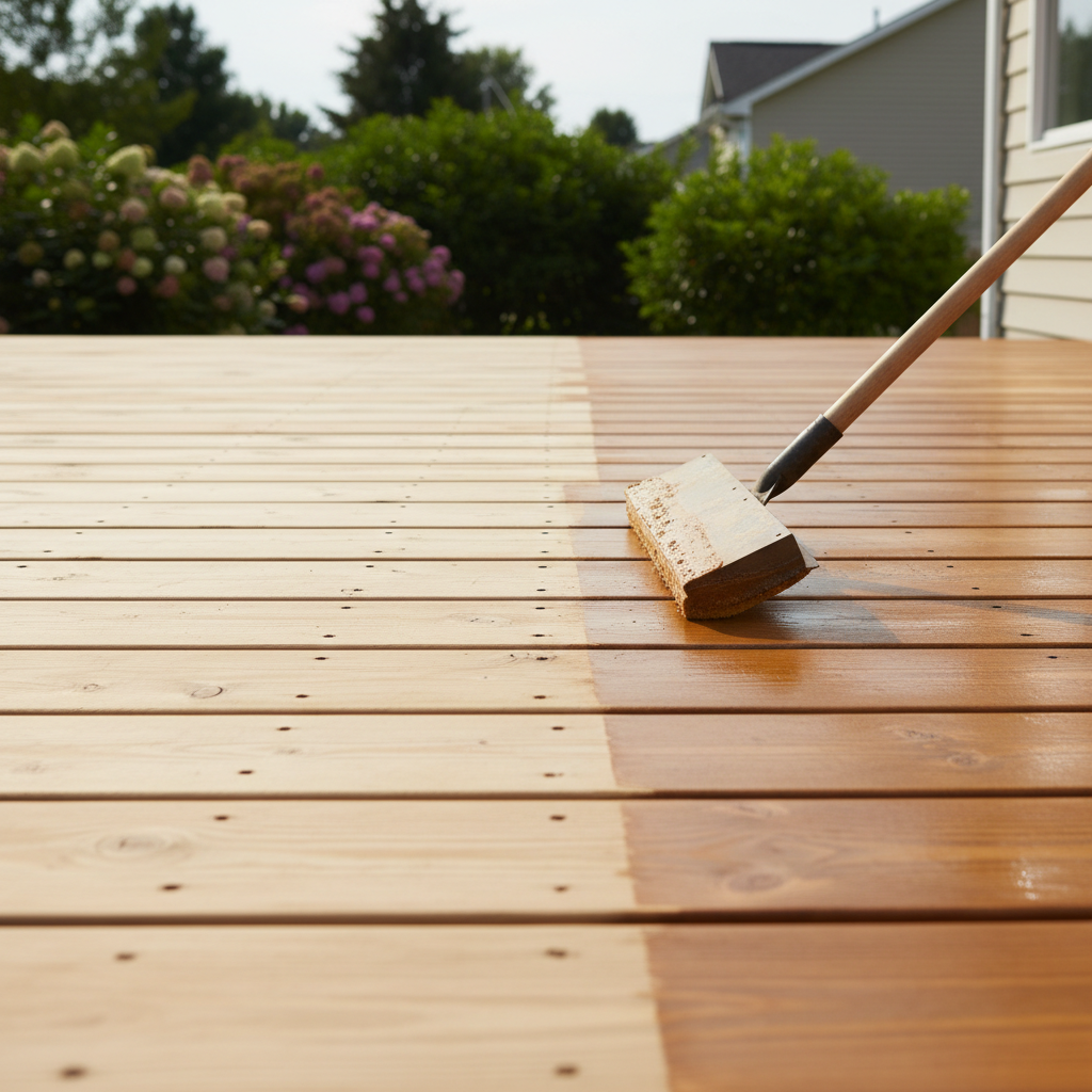 Homeowner applying wood sealant to a prepped deck