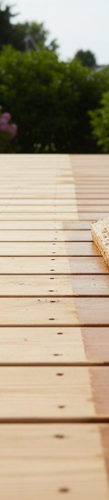 Homeowner applying wood sealant to a prepped deck