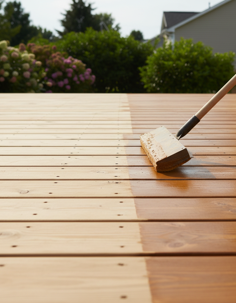 Homeowner applying wood sealant to a prepped deck