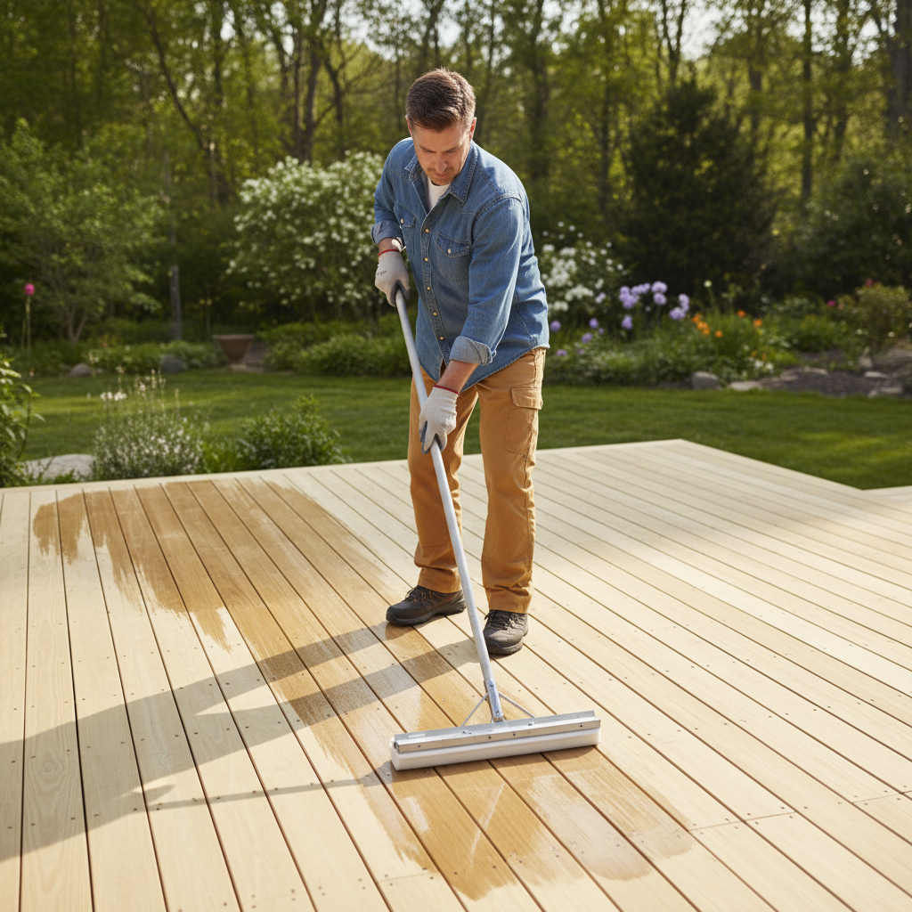 Homeowner applying deck sealant to a clean wood deck with a pad applicator