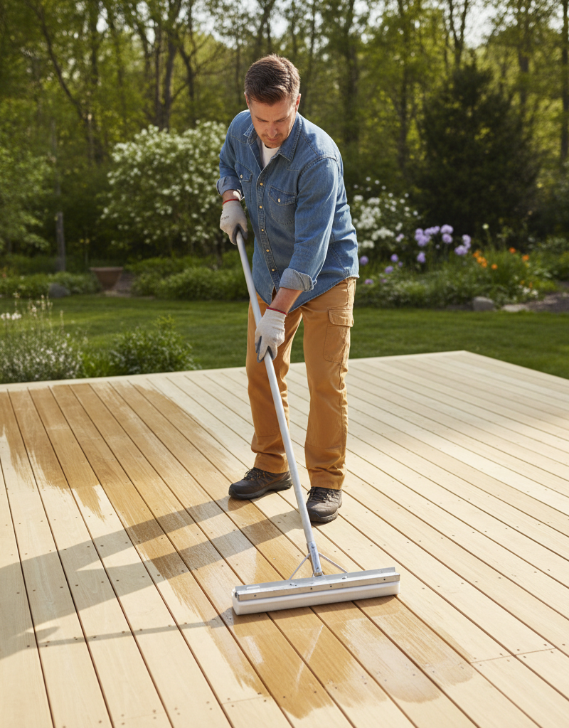 Homeowner applying deck sealant to a clean wood deck with a pad applicator