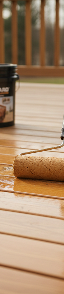 Homeowner applying deck sealer with a roller to a clean, dry wooden deck, showing the proper technique for even application.