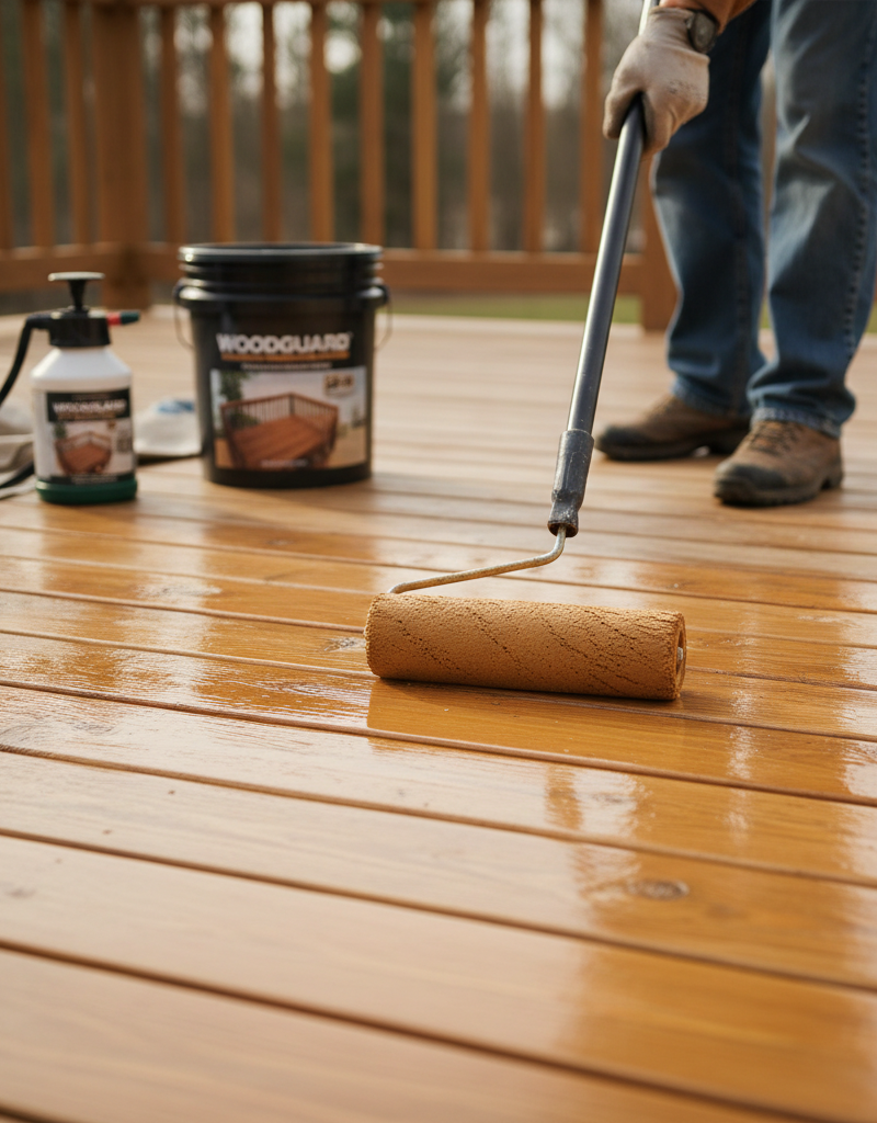 Homeowner applying deck sealer with a roller to a clean, dry wooden deck, showing the proper technique for even application.