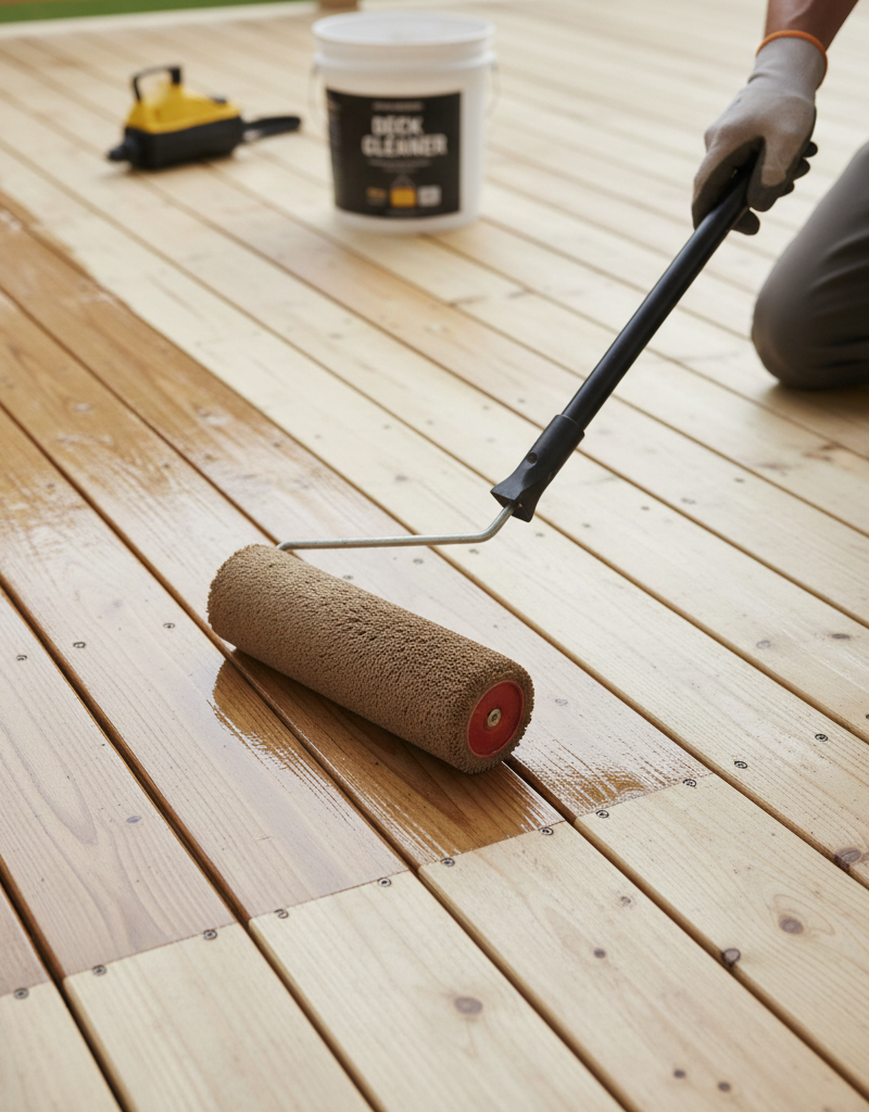 Homeowner applying wood deck sealant with a roller after proper preparation, showing a visible difference in finish.