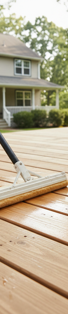 Homeowner applying sealant to a clean wooden deck with a pad applicator.