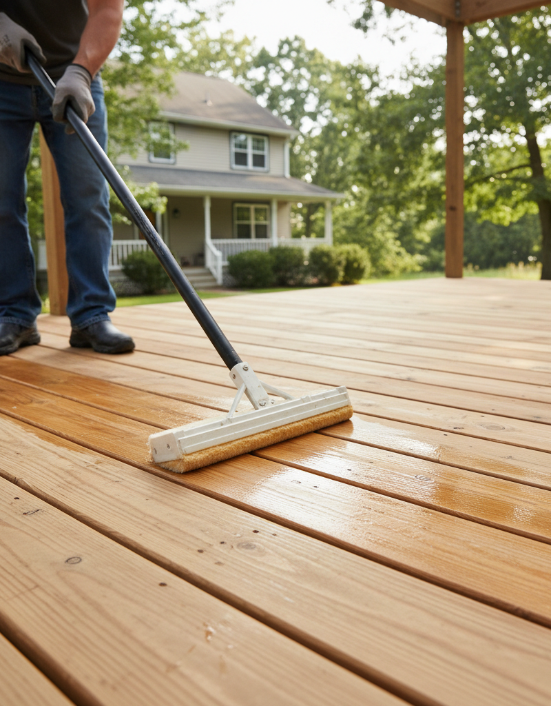 Homeowner applying sealant to a clean wooden deck with a pad applicator.