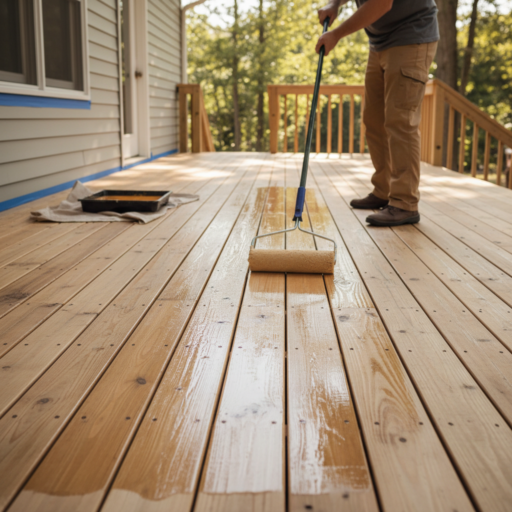 Homeowner resealing a wooden deck with a roller, ensuring a new protective finish.