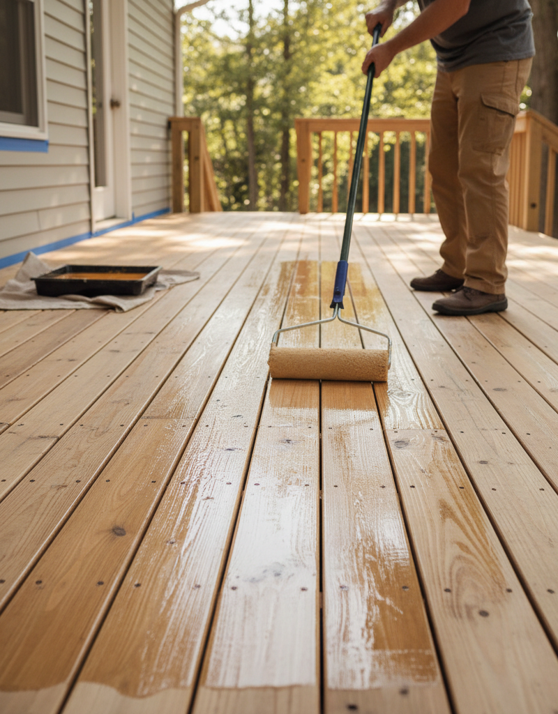 Homeowner resealing a wooden deck with a roller, ensuring a new protective finish.