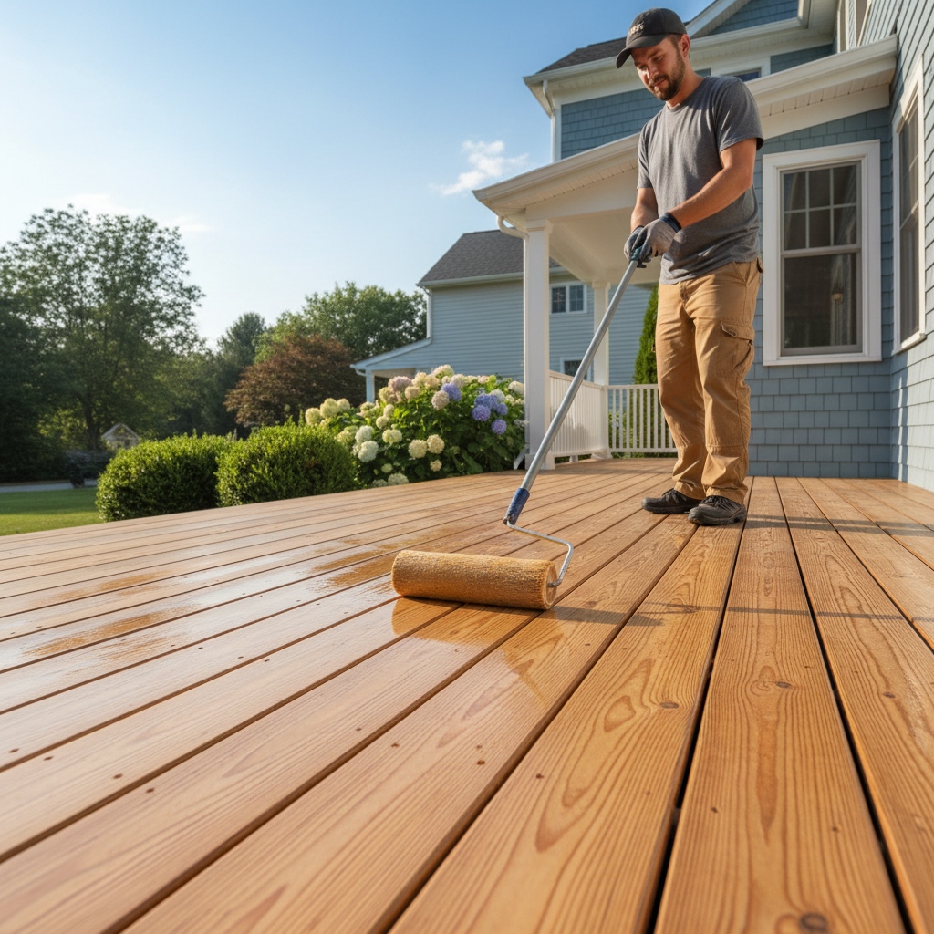 Homeowner applying sealant to a prepped wood deck surface with a roller, preventing peeling.
