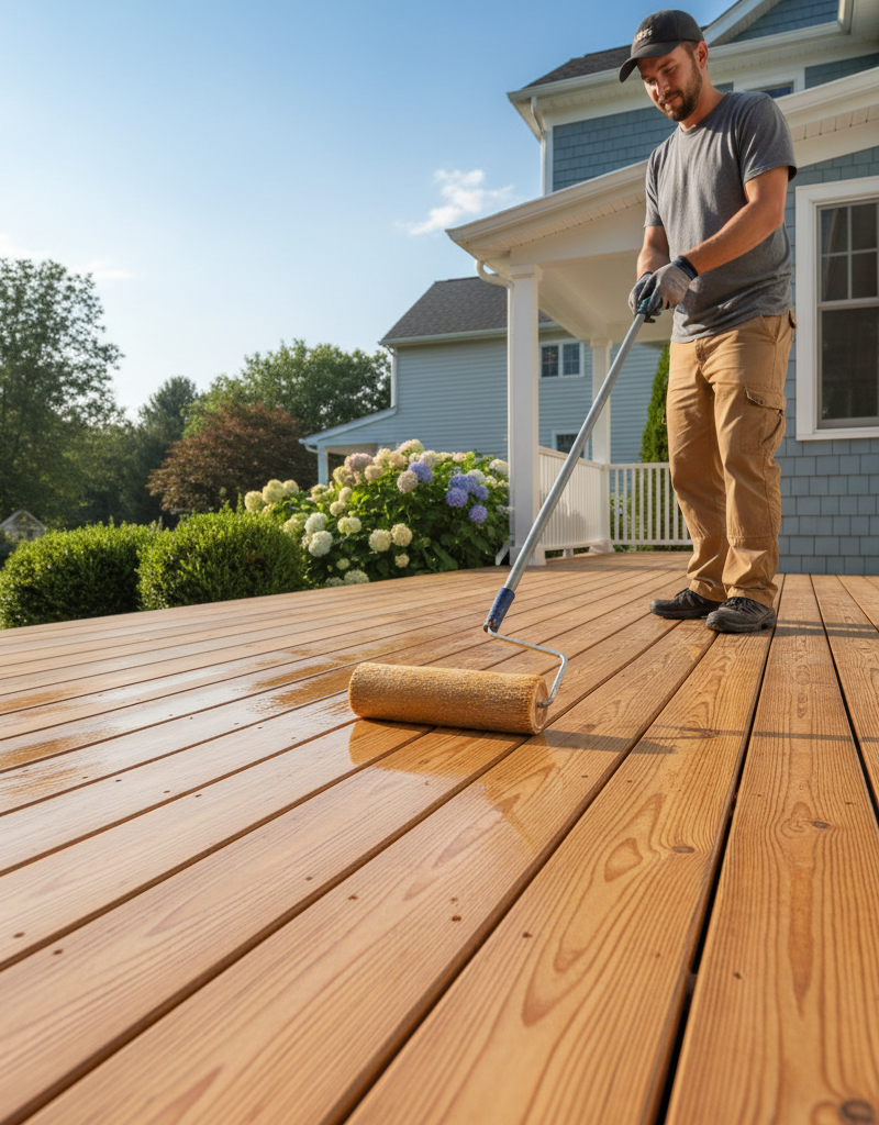 Homeowner applying sealant to a prepped wood deck surface with a roller, preventing peeling.