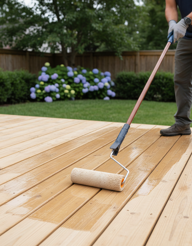 Homeowner applying sealant to a wood deck with a roller, ensuring a smooth, even coat for protection.