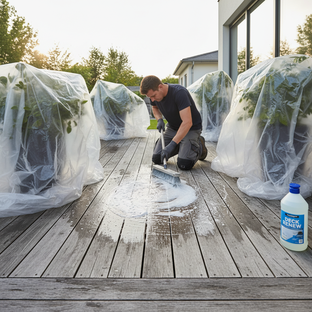 Homeowner scrubbing a wood deck with a brush and cleaner, preparing it for resealing