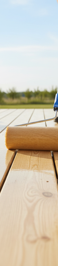 Homeowner applying fresh sealant to a perfectly prepped wood deck surface with a roller