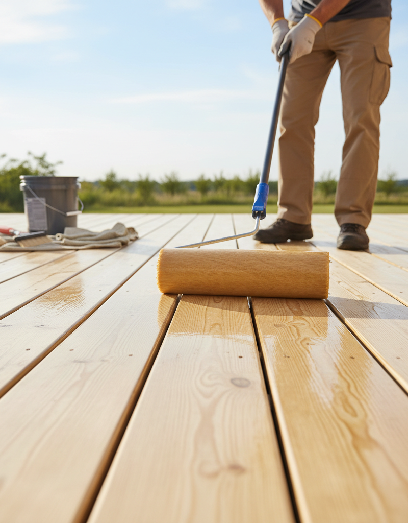 Homeowner applying fresh sealant to a perfectly prepped wood deck surface with a roller