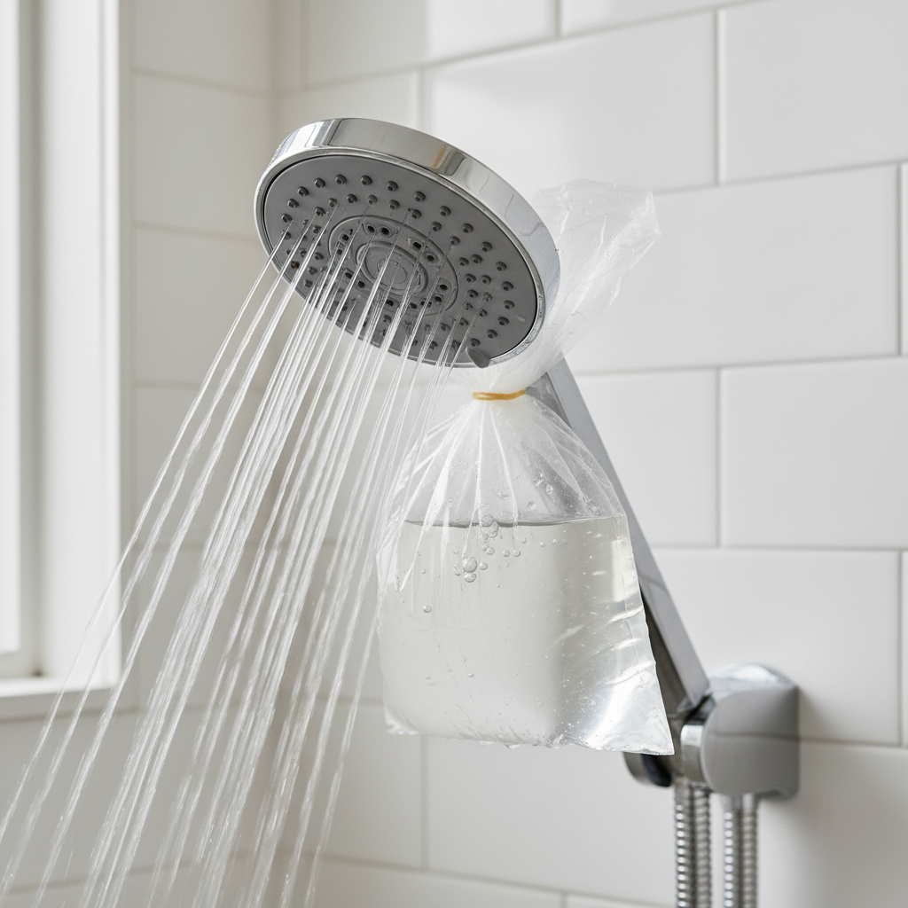 Chrome shower head with a plastic bag of vinegar solution soaking it to remove mineral buildup.