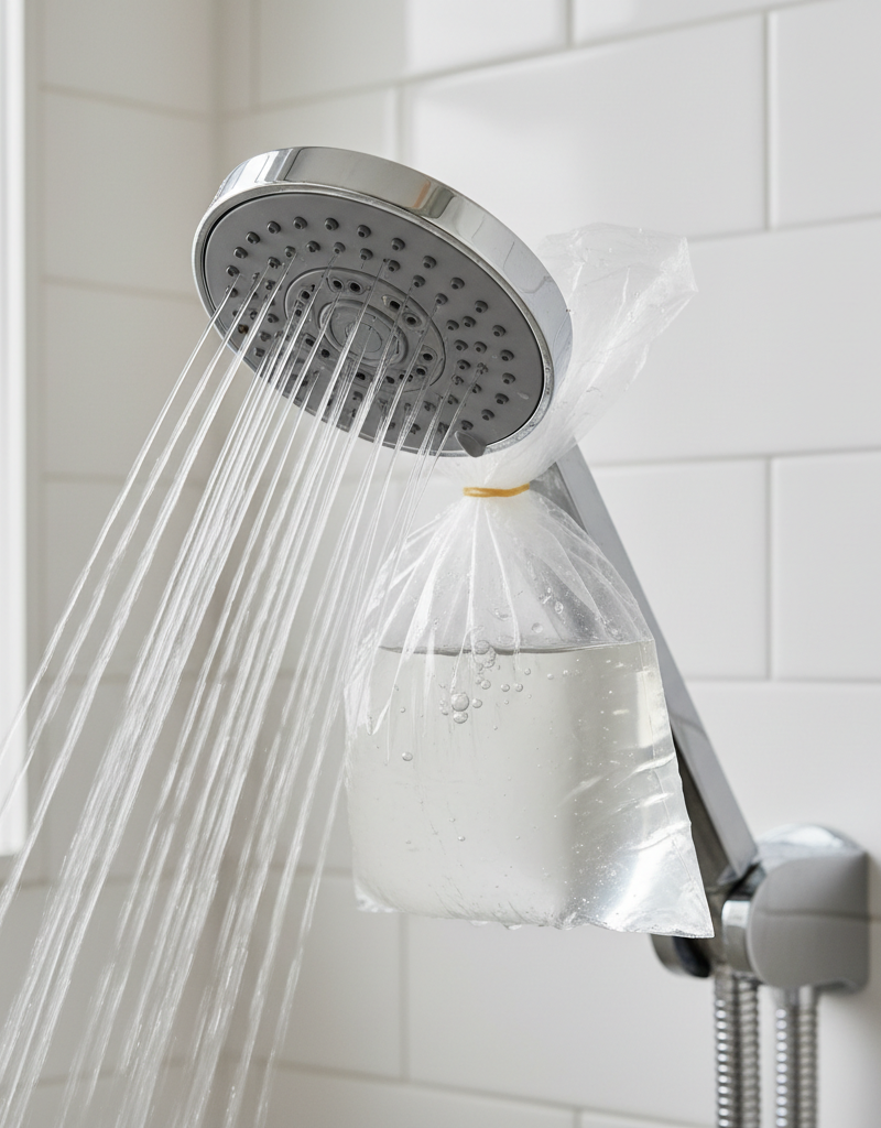 Chrome shower head with a plastic bag of vinegar solution soaking it to remove mineral buildup.