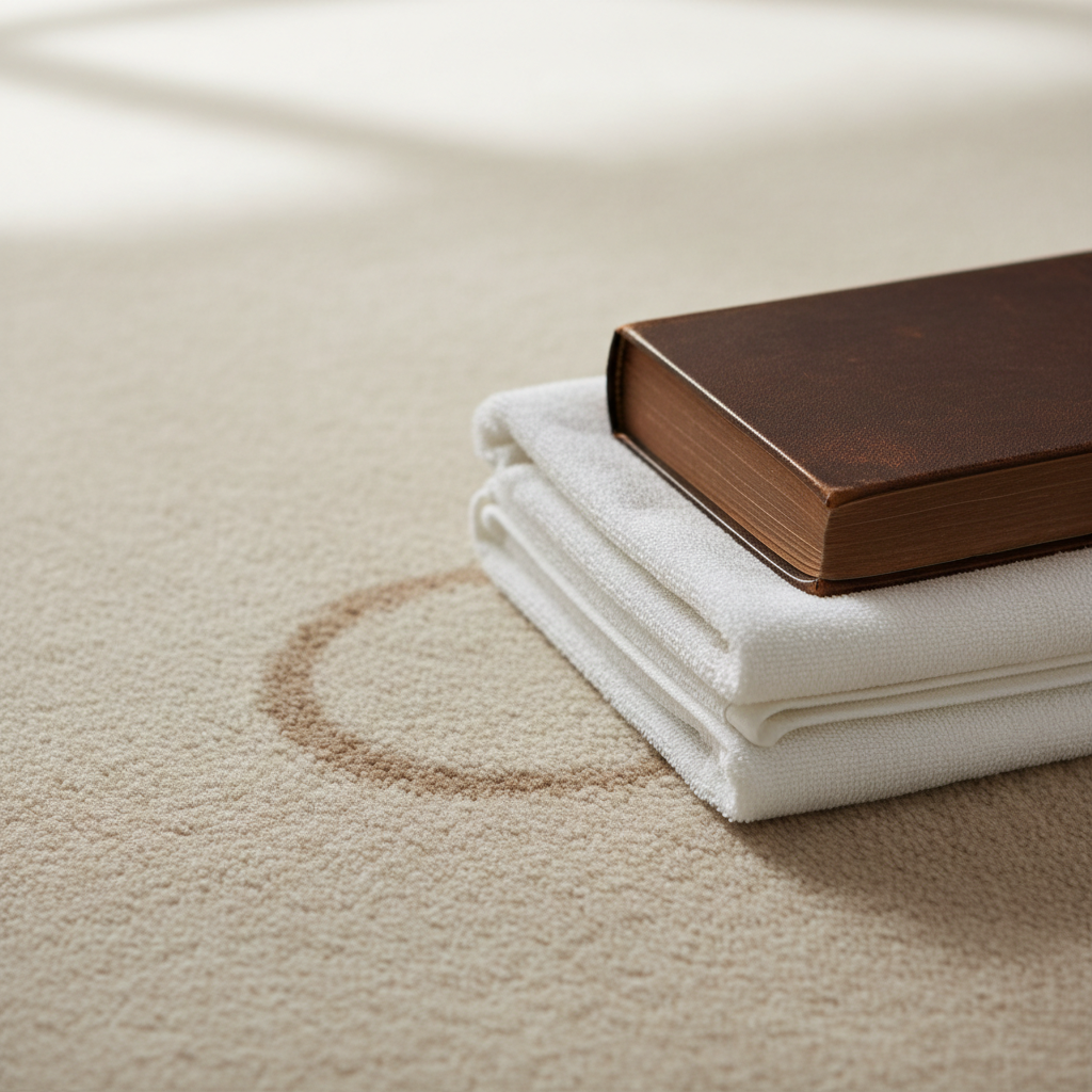 Close-up of a light carpet with a faint brown stain. A stack of white towels and a book sits on half the stain, demonstrating wicking prevention.