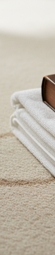 Close-up of a light carpet with a faint brown stain. A stack of white towels and a book sits on half the stain, demonstrating wicking prevention.