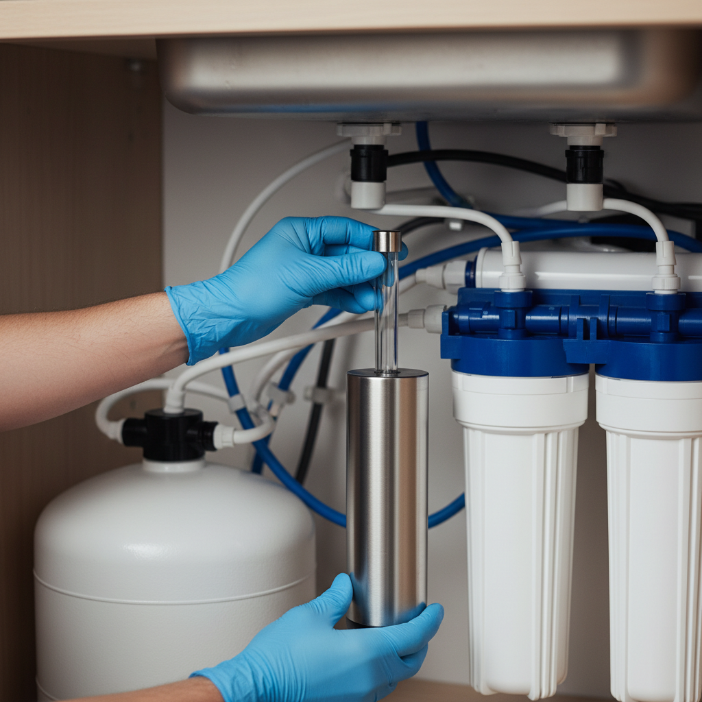 Homeowner installing a UV sterilizer lamp into a reverse osmosis system under a kitchen sink.