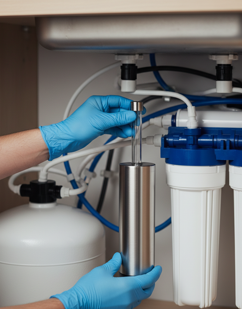 Homeowner installing a UV sterilizer lamp into a reverse osmosis system under a kitchen sink.