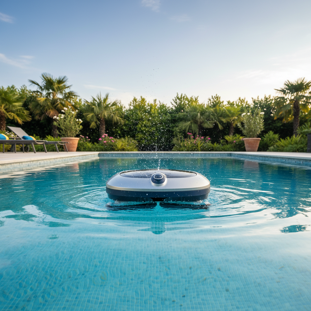 Robotic pool cleaner moving across a bright blue pool floor, effectively cleaning the surface.