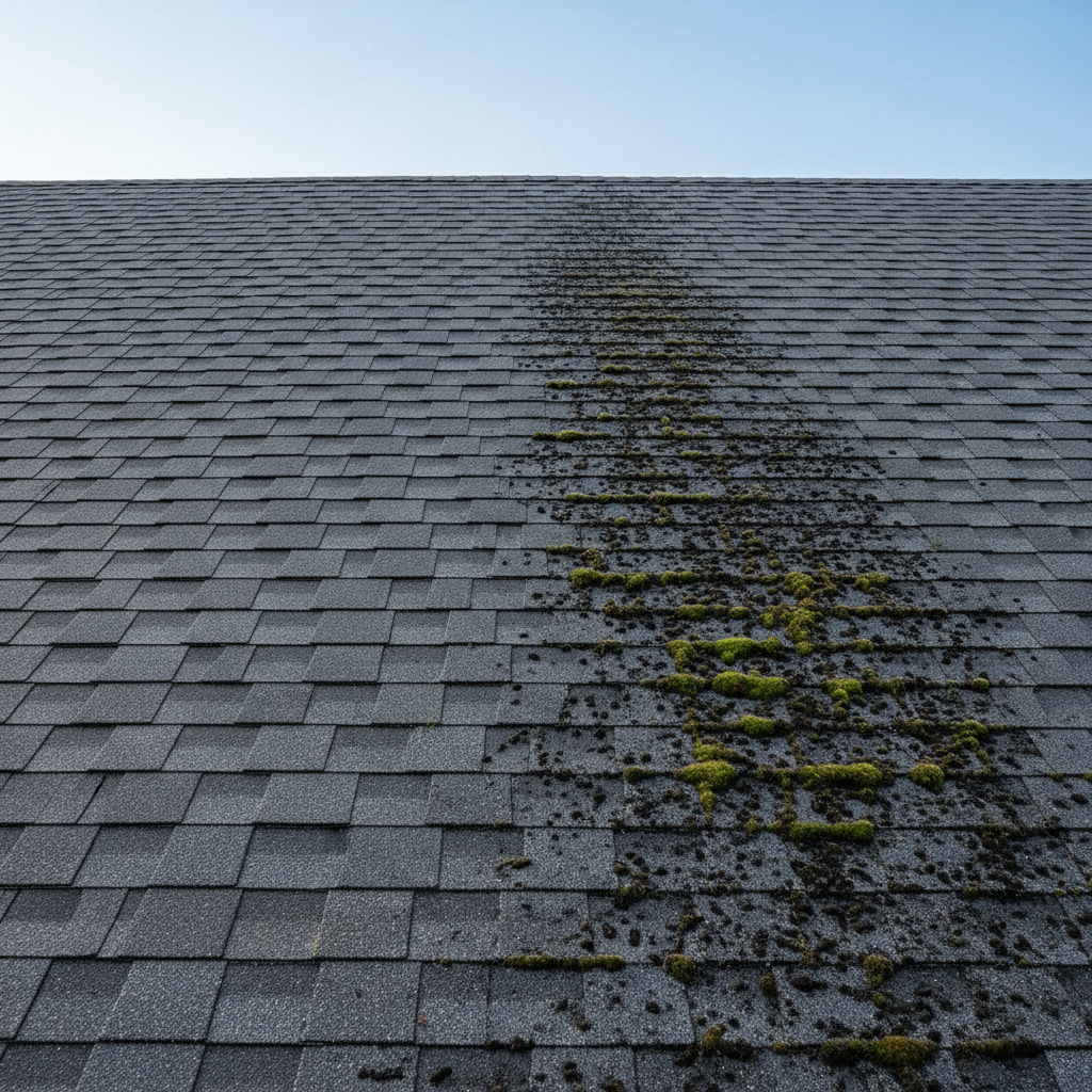 Half-clean, half-dirty asphalt shingle roof showing contrast of heavy algae and moss next to sparkling clean shingles.